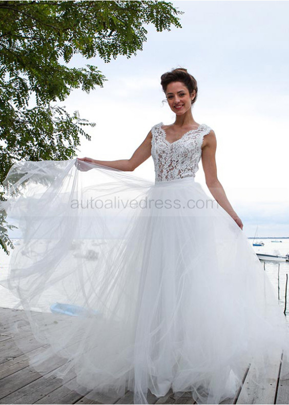 Ivory Lace Tulle Sheer Bodice V Back Long Wedding Dress